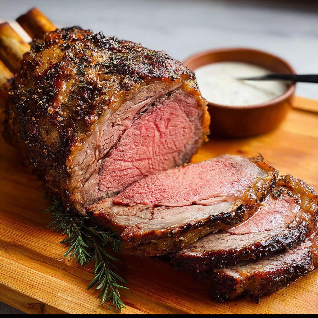 A perfectly roasted Prime Rib, sliced to show a medium-rare center, resting on a wooden board with rosemary.