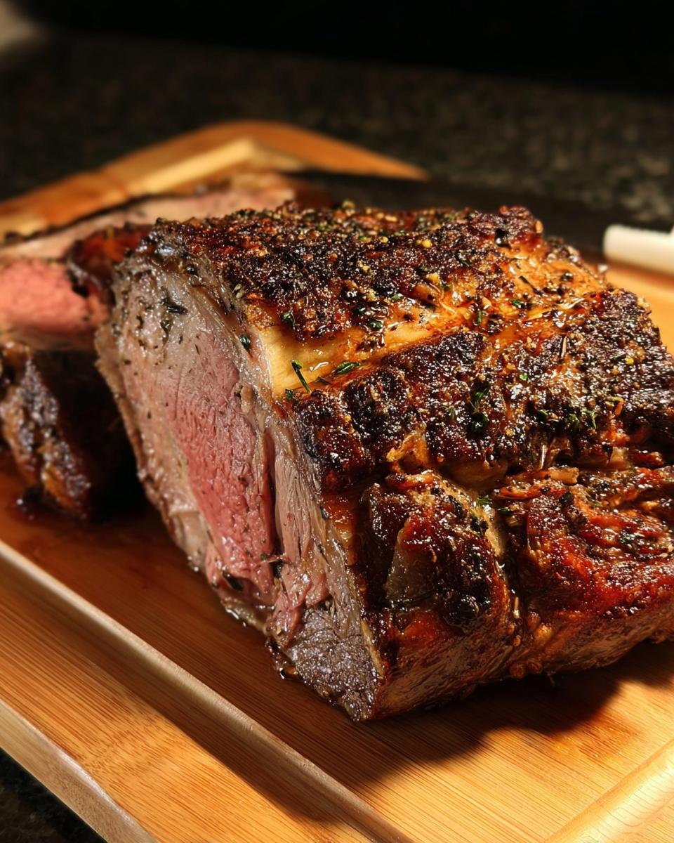A beautifully roasted Prime Rib for Christmas Dinner, sliced to show a medium-rare center and herb crust.