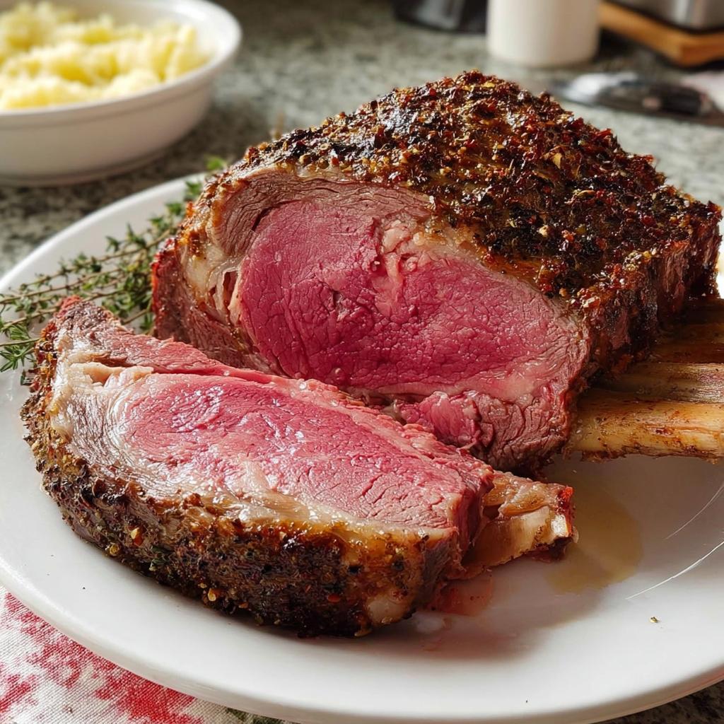 Close-up of a juicy, medium-rare Prime Rib roast, sliced to show the pink center and seasoned crust.