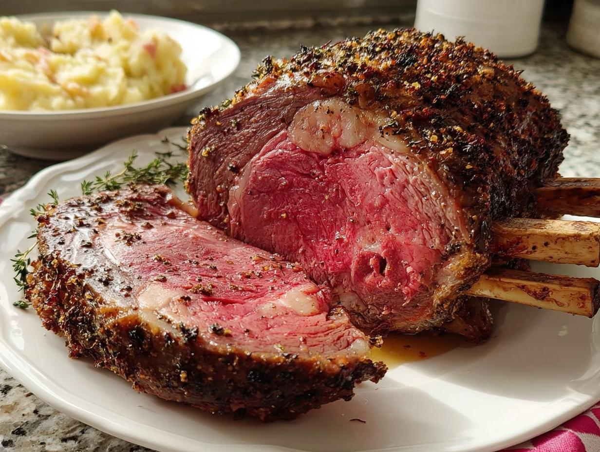 A thick, perfectly cooked Prime Rib roast, sliced to show a medium-rare center and a dark herb crust.
