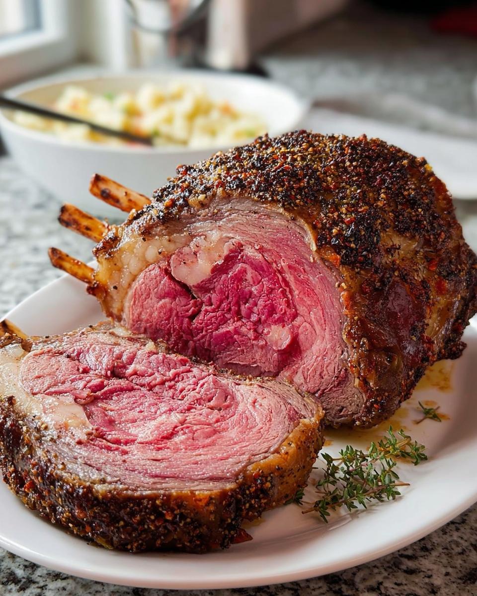 A thick slice cut from a perfectly cooked Prime Rib roast showing a medium-rare center and herb crust.