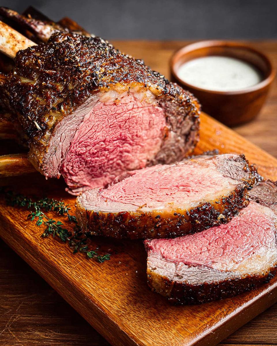 A perfectly cooked Perfect Prime Rib roast, sliced to show medium-rare interior and herb crust, resting on a board.