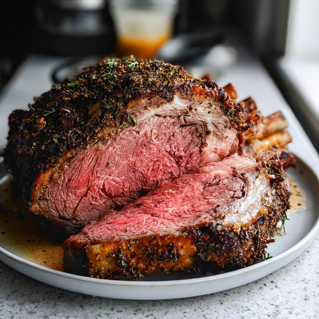 A perfectly cooked, medium-rare prime rib in the oven, sliced to show the juicy pink center and herb crust.