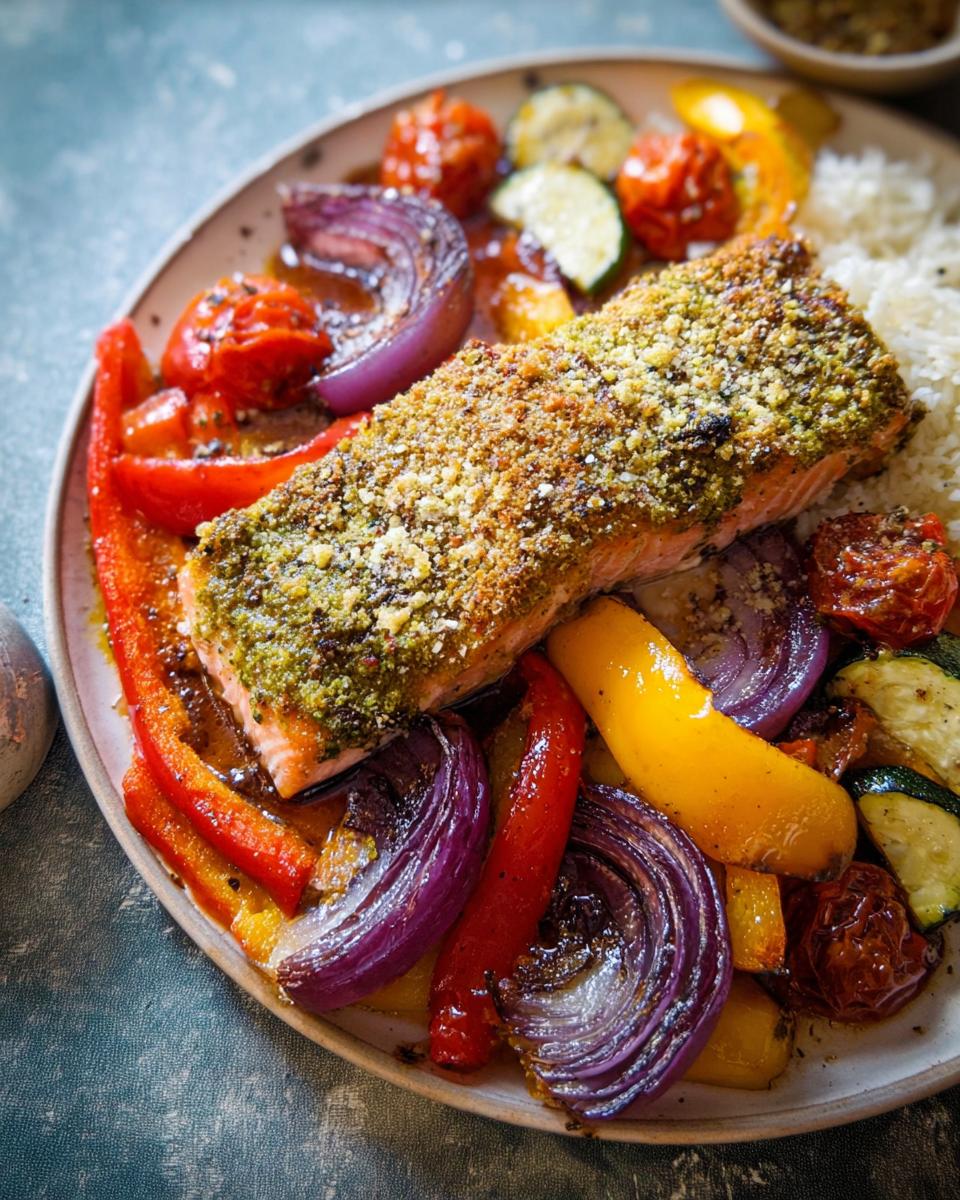 A perfectly cooked fillet of Pesto Salmon with Roasted Veggies, served with rice on a rustic plate.