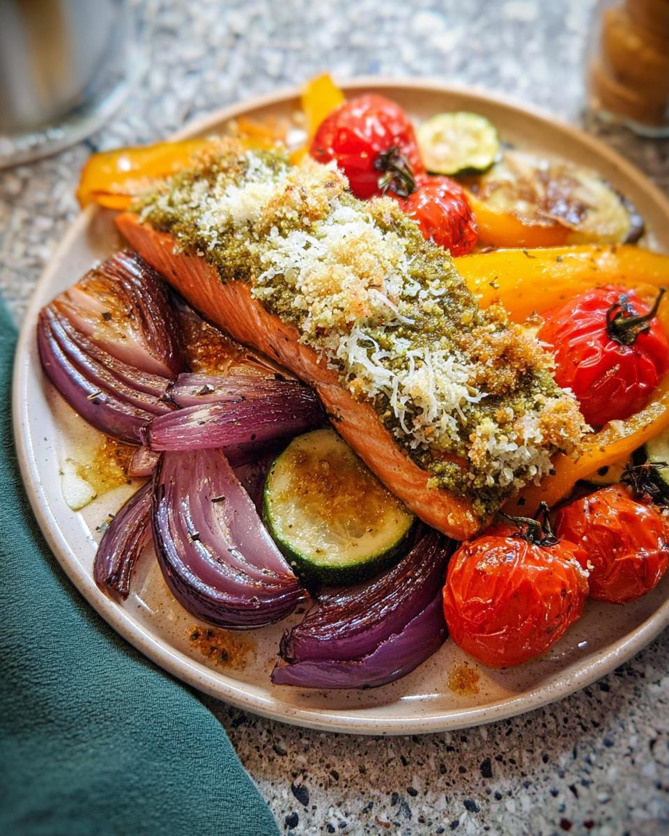 A perfectly cooked fillet of Pesto Salmon with Roasted Veggies, topped with breadcrumbs and cheese.