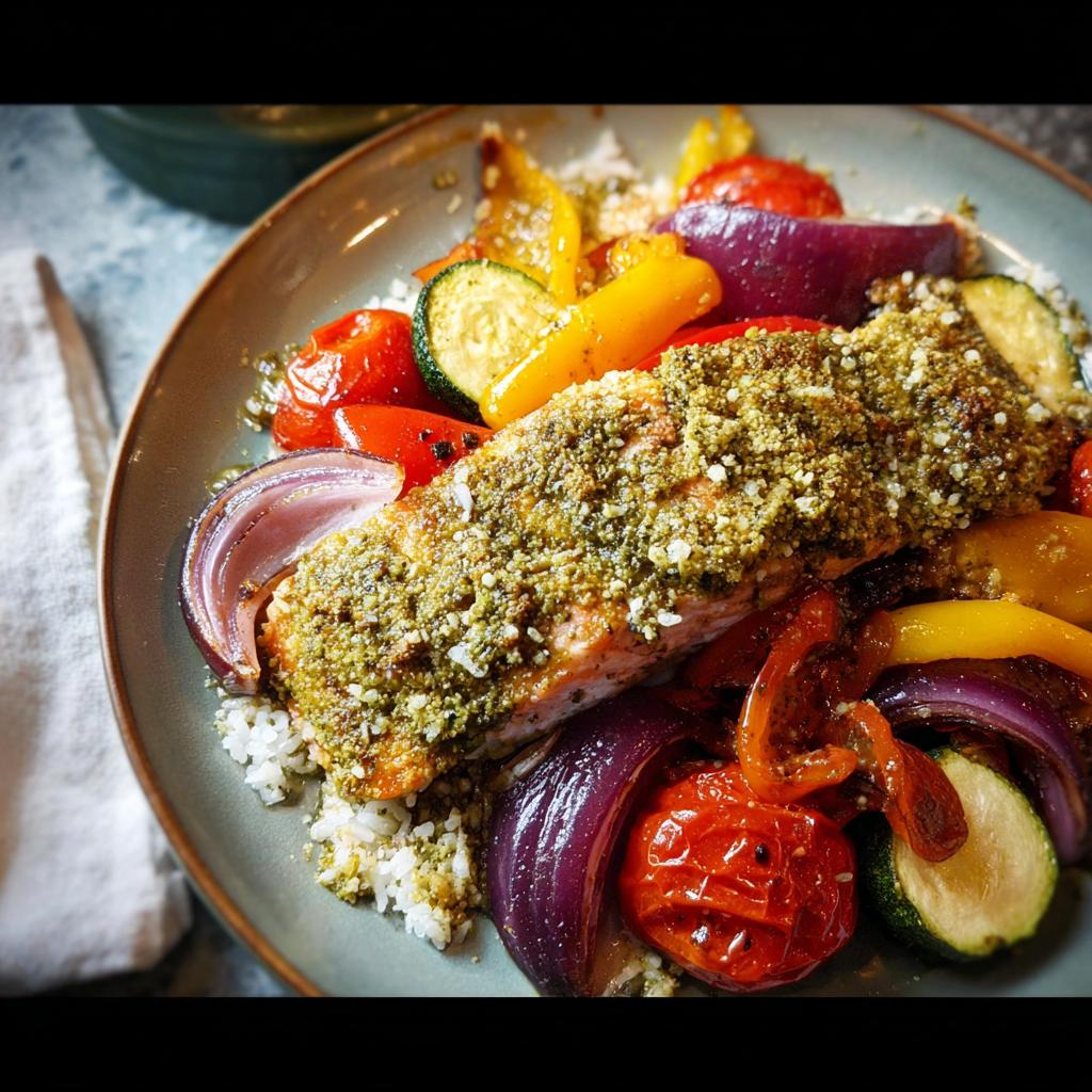 A fillet of Pesto Salmon with Roasted Veggies, including red onion, peppers, and zucchini, served over white rice.
