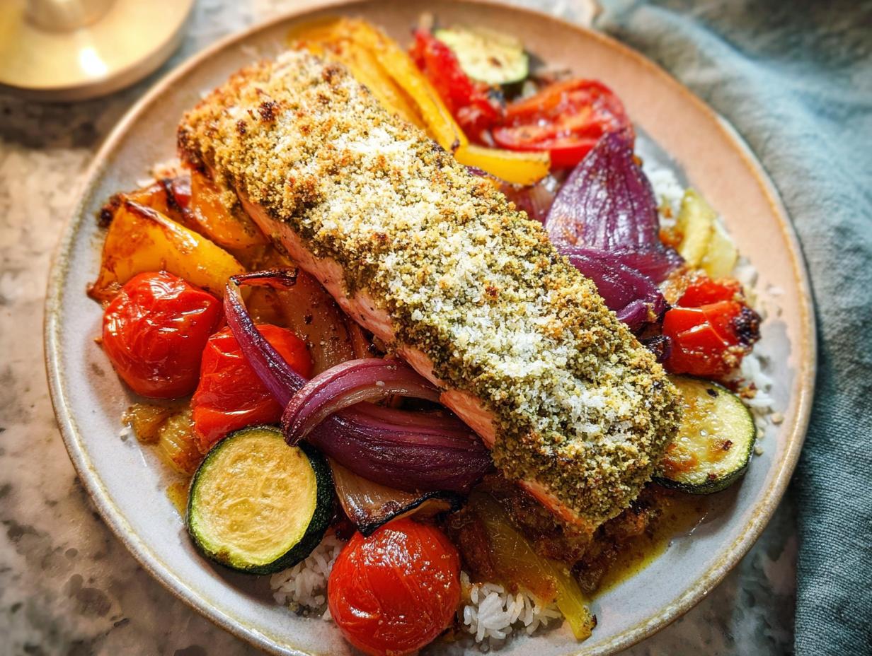 A perfectly cooked fillet of Pesto Salmon with Roasted Veggies served over rice on a light-colored plate.