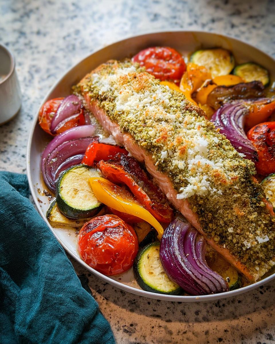 A perfectly cooked fillet of Pesto Salmon with Roasted Veggies, including red onion, zucchini, and tomatoes.
