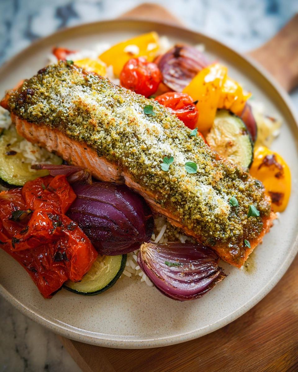 A close-up of Pesto Salmon with Roasted Veggies served over white rice on a speckled plate.