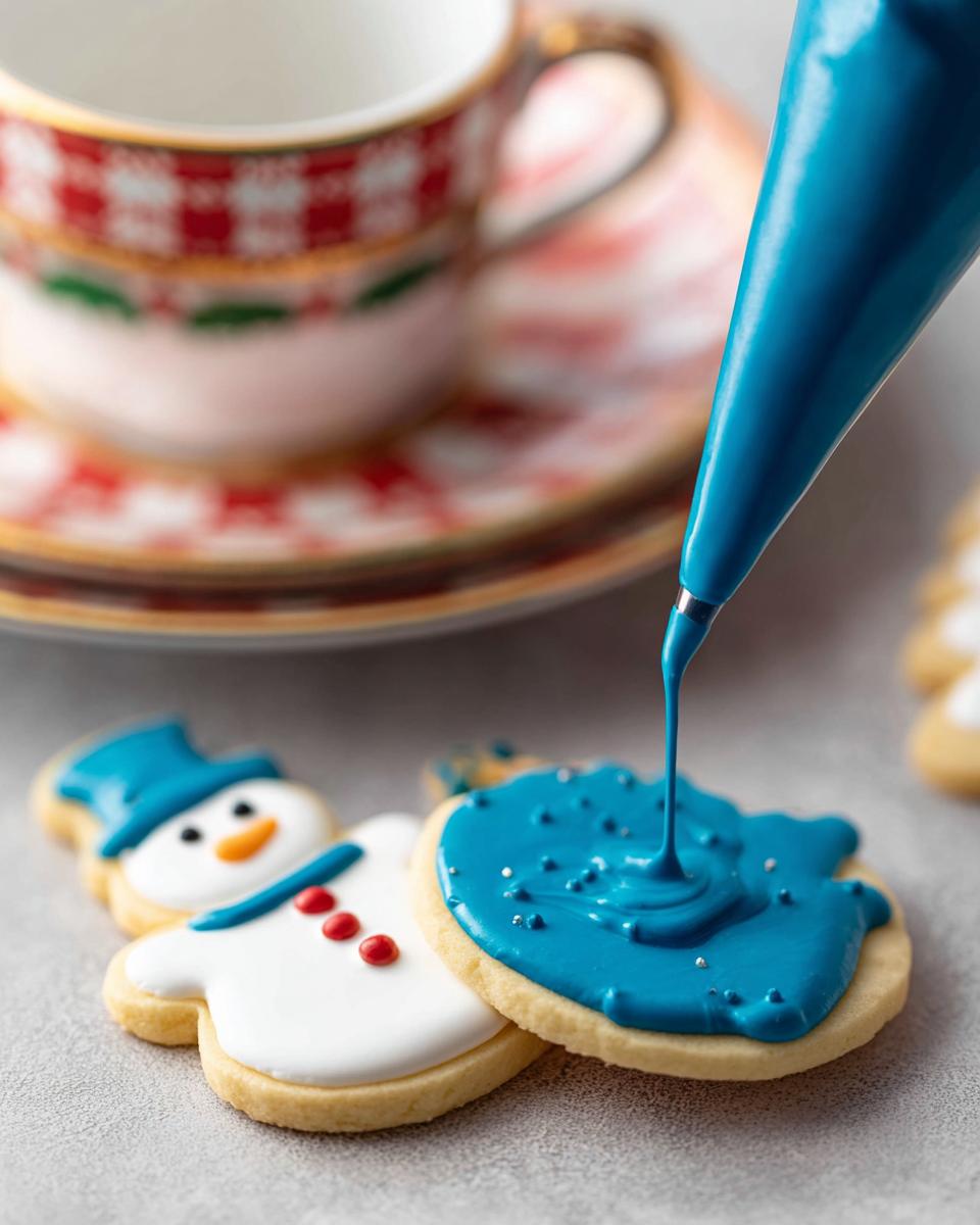 A piping bag dispenses bright blue royal icing onto a sugar cookie, next to a snowman cookie.