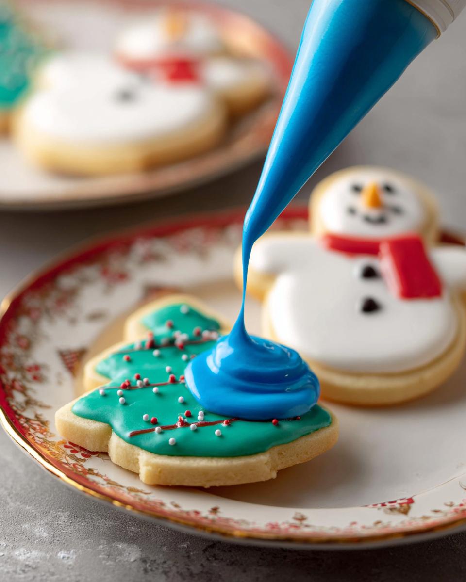 A piping bag dispenses bright blue Royal Icing onto a Christmas tree cookie already covered in green icing and sprinkles.