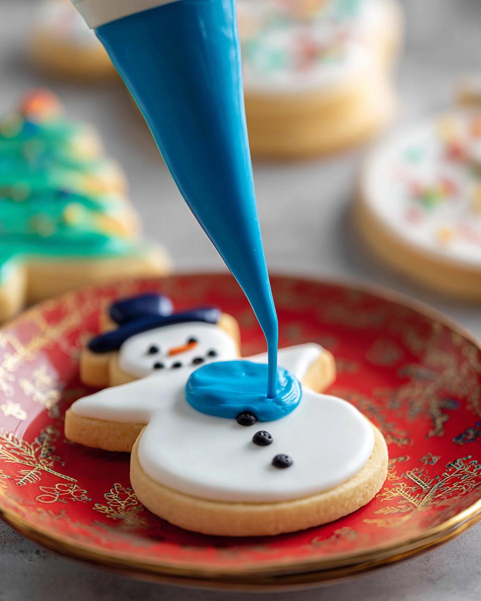 A piping bag dispenses bright blue Royal Icing onto a white-iced snowman cookie for decoration.