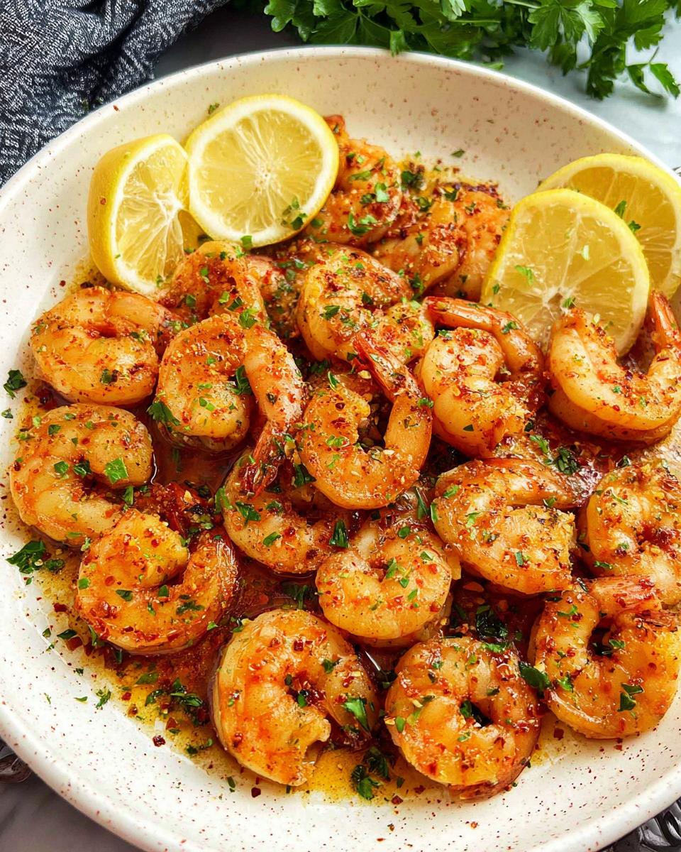 A close-up of cooked Garlic Butter Shrimp coated in spices and butter, garnished with fresh parsley and lemon wedges.
