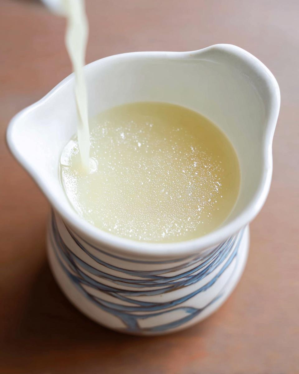 Close-up of a light yellow liquid being poured into a small, decorative white pitcher, likely part of making Champagne Cream Sauce for Seafood.