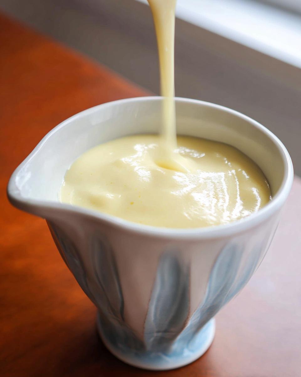 A stream of thick, pale yellow Champagne Cream Sauce for Seafood being poured into a decorative white and blue sauce boat.