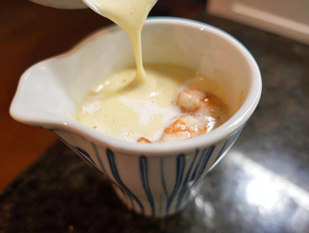 Pouring rich Champagne Cream Sauce over cooked shrimp in a decorative white and blue serving dish.