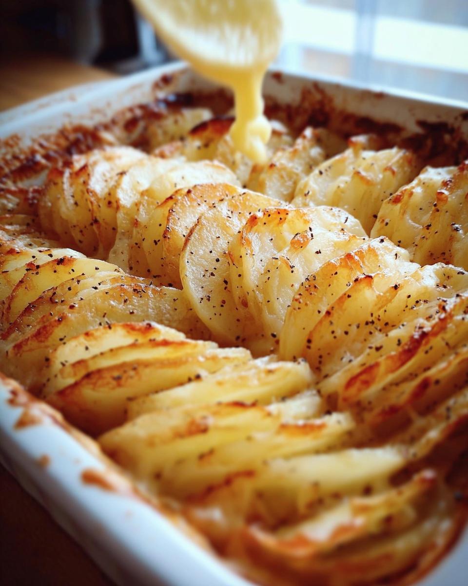 Close-up of thinly sliced potatoes being covered with a creamy cheese sauce for Cheesy Scalloped Potatoes.