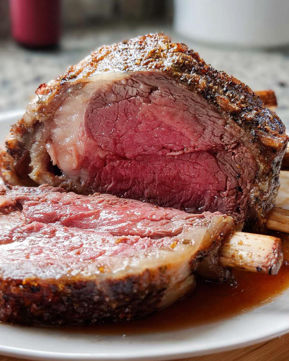 Close-up of a medium-rare Prime Rib Au Jus, sliced to show the juicy interior and seasoned crust, resting in its juices.