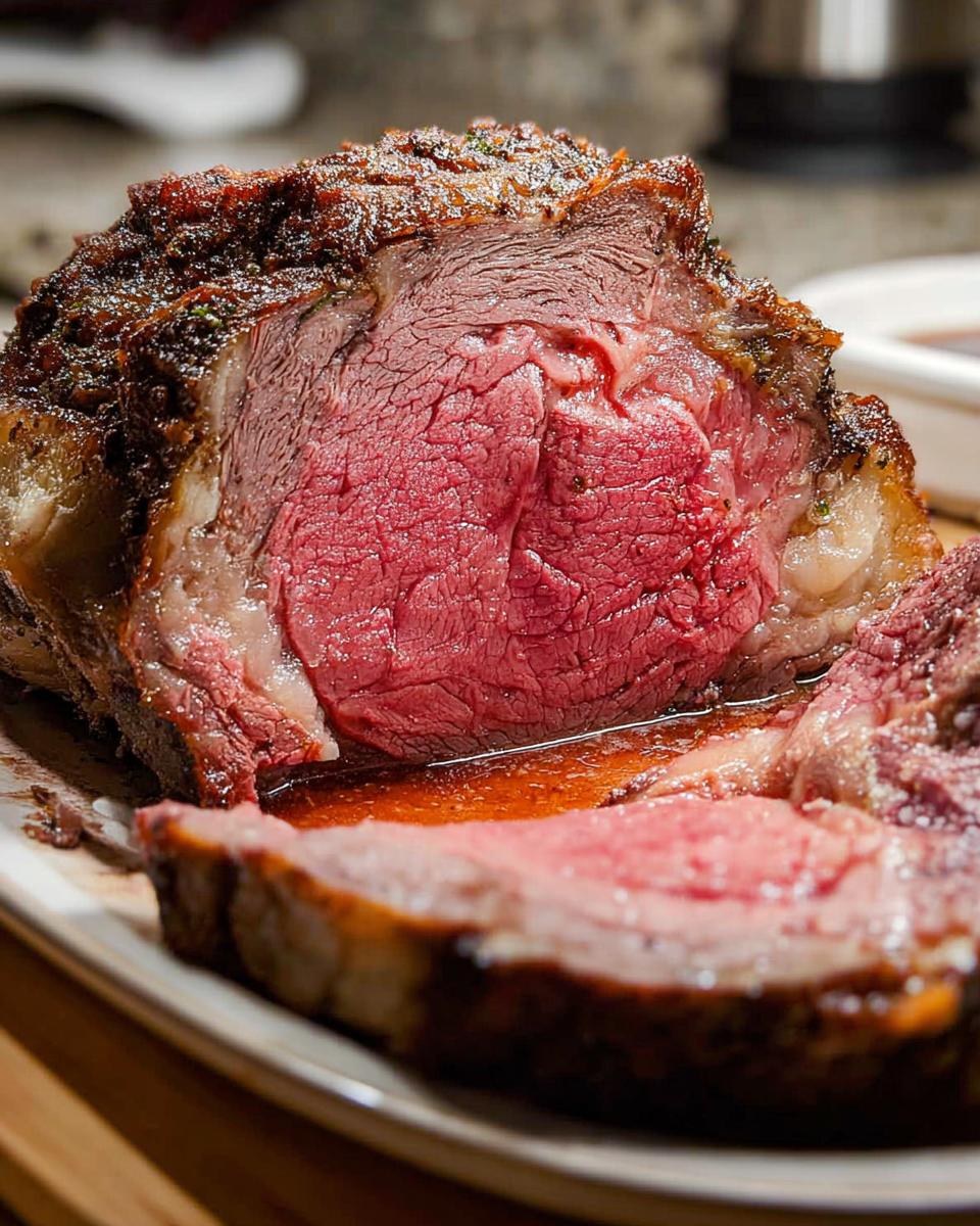 Close-up of a perfectly cooked medium-rare Prime Rib Au Jus, showing a deep pink center and rich brown crust.