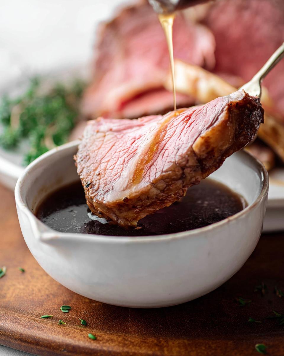 A slice of medium-rare prime rib being dipped into a small bowl of rich au jus, with more sauce drizzling on top.