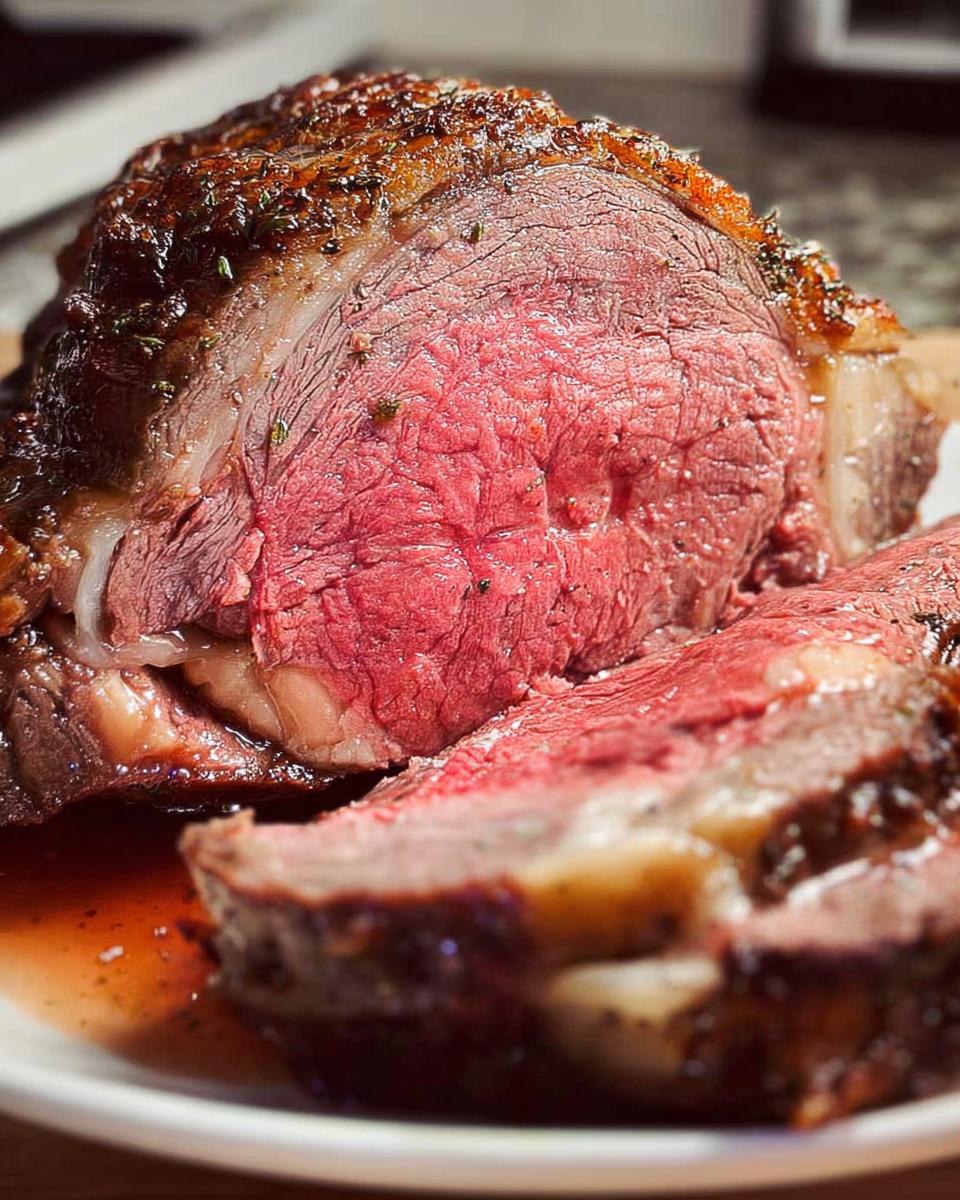 Close-up of a perfectly cooked medium-rare Prime Rib Au Jus, showing a juicy pink center and seasoned crust.
