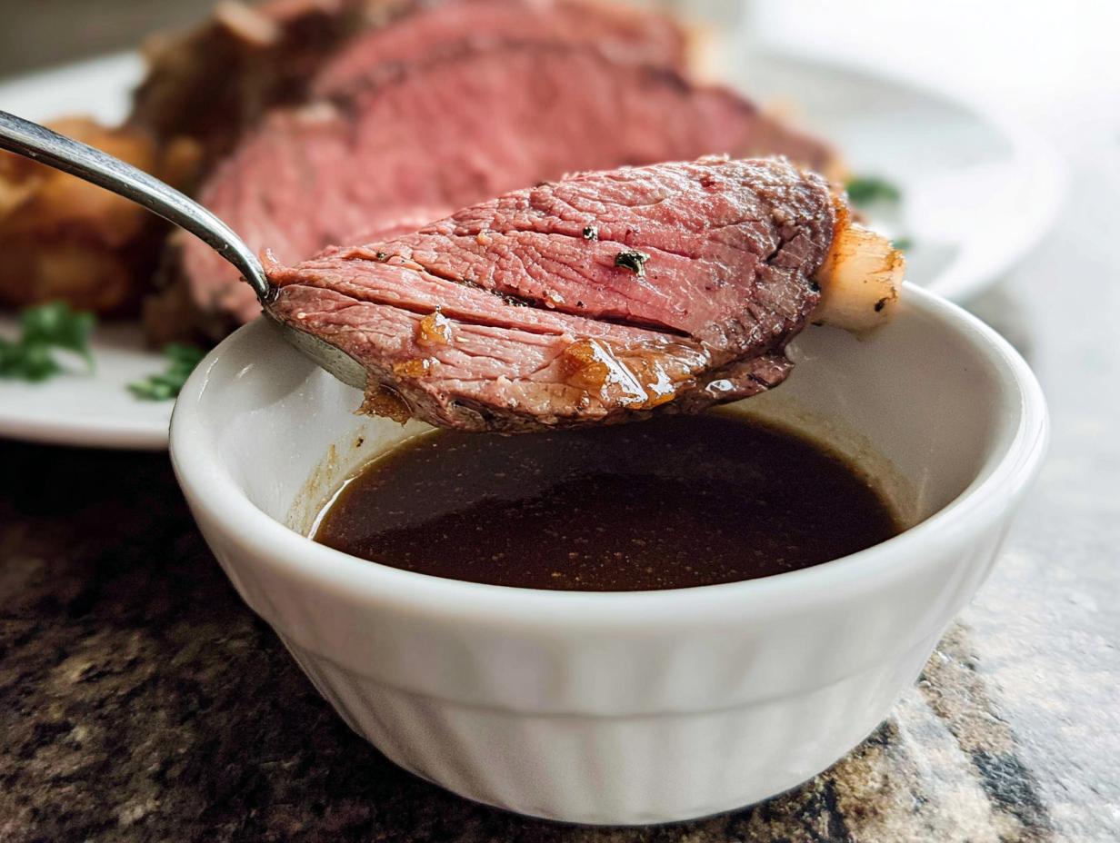 A slice of medium-rare prime rib being dipped into a small white bowl of rich Prime Rib Au Jus Recipe sauce.