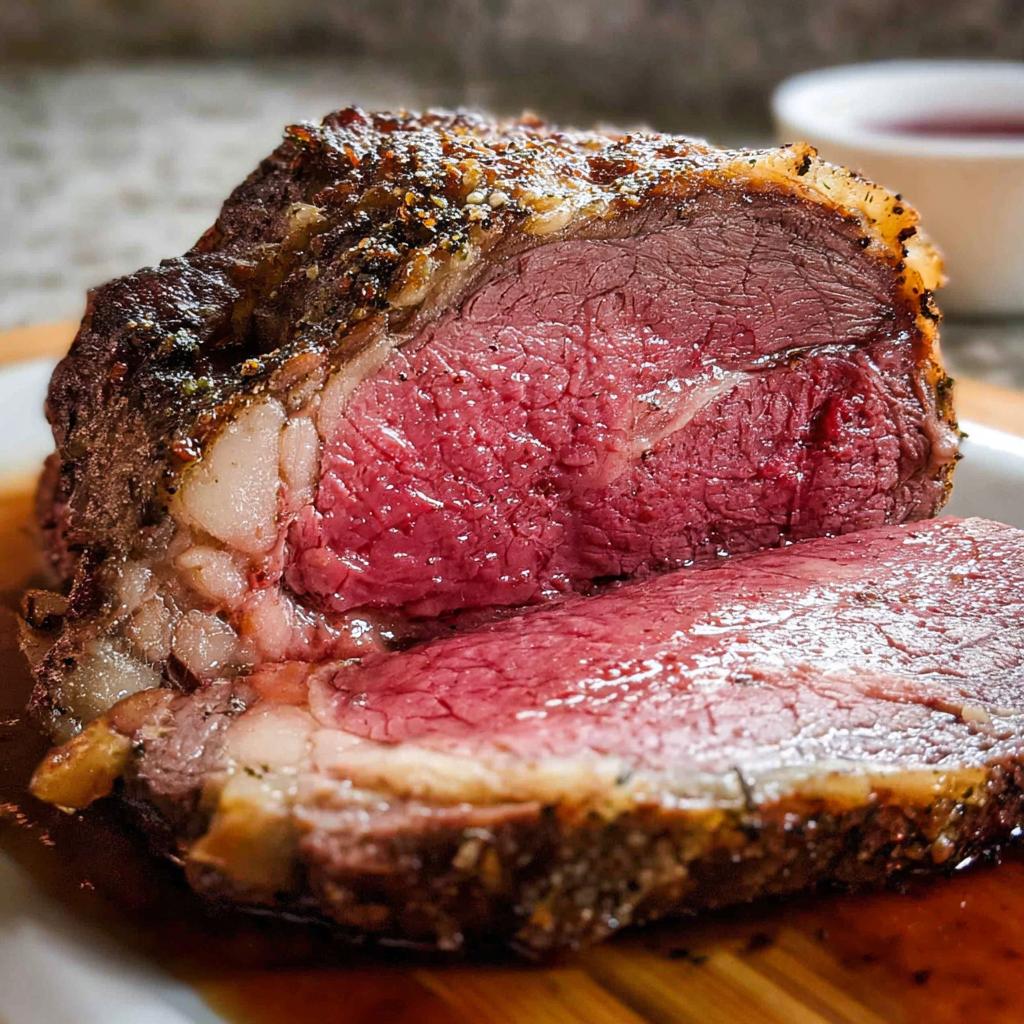 Close-up of a perfectly cooked medium-rare Prime Rib Au Jus, showing a juicy pink center and seasoned crust.