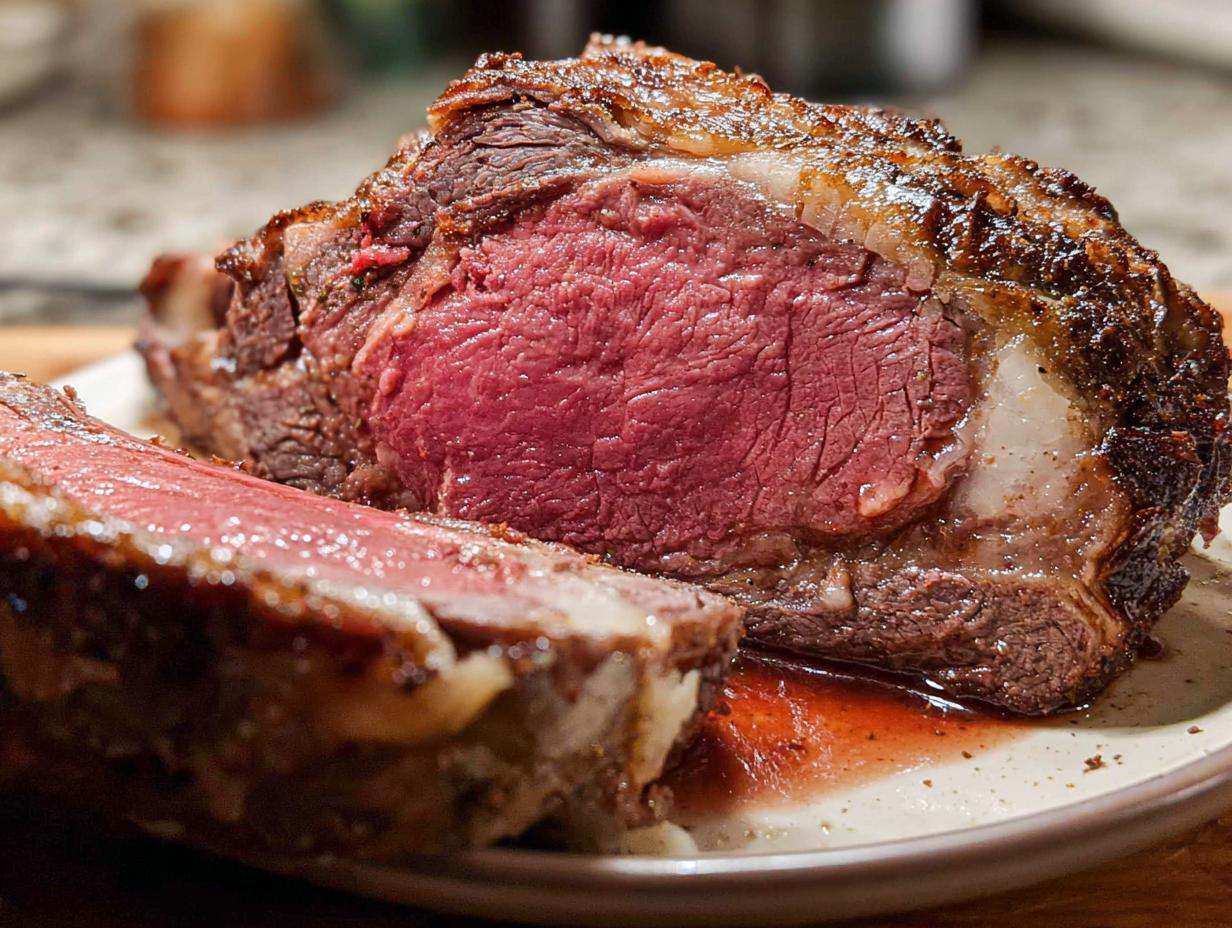 Close-up of a medium-rare Prime Rib Au Jus roast, showing a deep pink center and a well-seared crust.