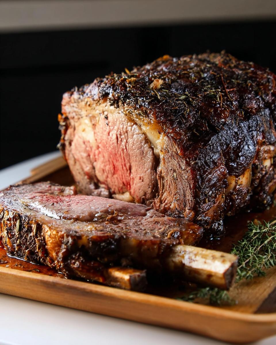 A beautifully roasted prime rib for Christmas dinner, sliced to show a medium-rare center and herb crust.