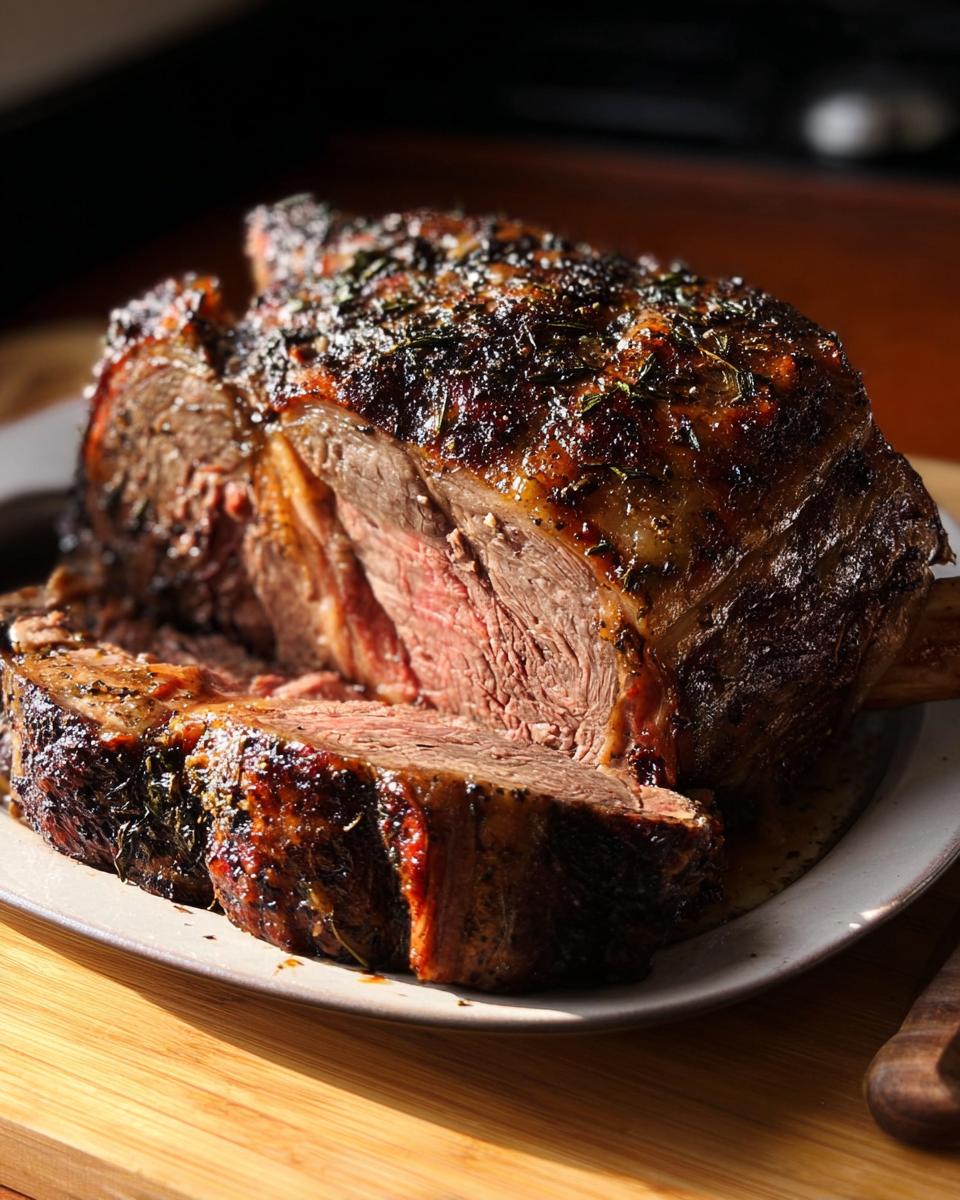 A beautifully roasted and sliced Prime Rib for Christmas Dinner, showing a perfect medium-rare center and herb crust.