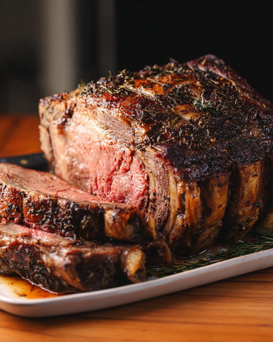 A beautifully roasted Prime Rib for Christmas Dinner, sliced to show a perfect medium-rare center and herb crust.