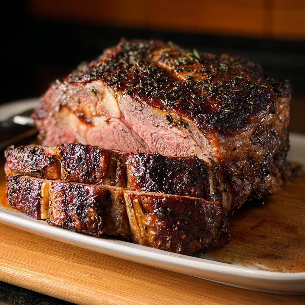 A beautifully roasted and sliced Prime Rib for Christmas Dinner, showing a medium-rare center and herb crust.