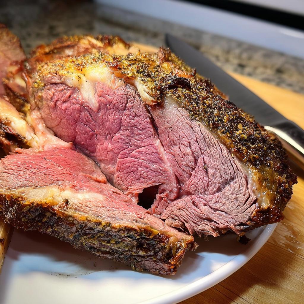 Close-up of a perfectly cooked Prime Rib in a Roaster Oven, showing a medium-rare pink center and seasoned crust.