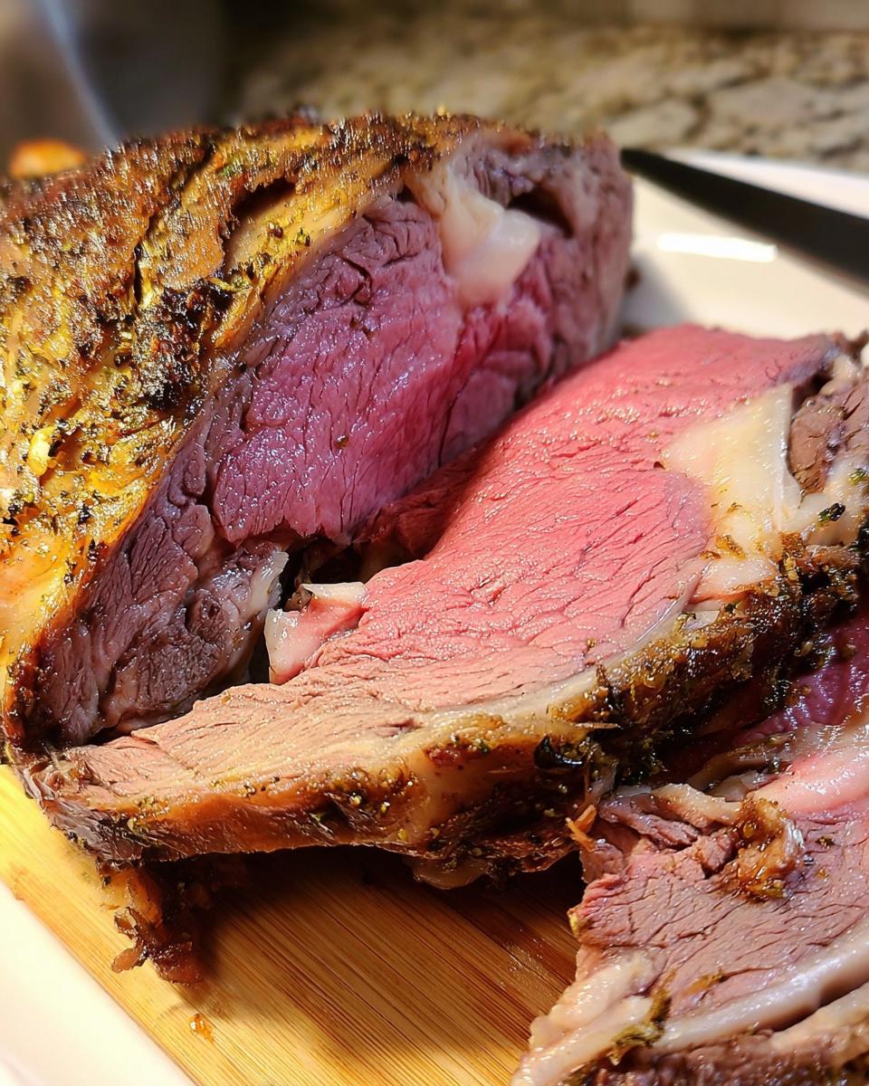 Close-up of a thick slice of medium-rare Prime Rib in a Roaster Oven showing a pink center and seasoned crust.