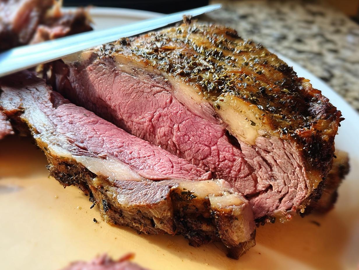Close-up of a thick slice of medium-rare Prime Rib in a Roaster Oven, showing a seasoned crust and tender pink interior.
