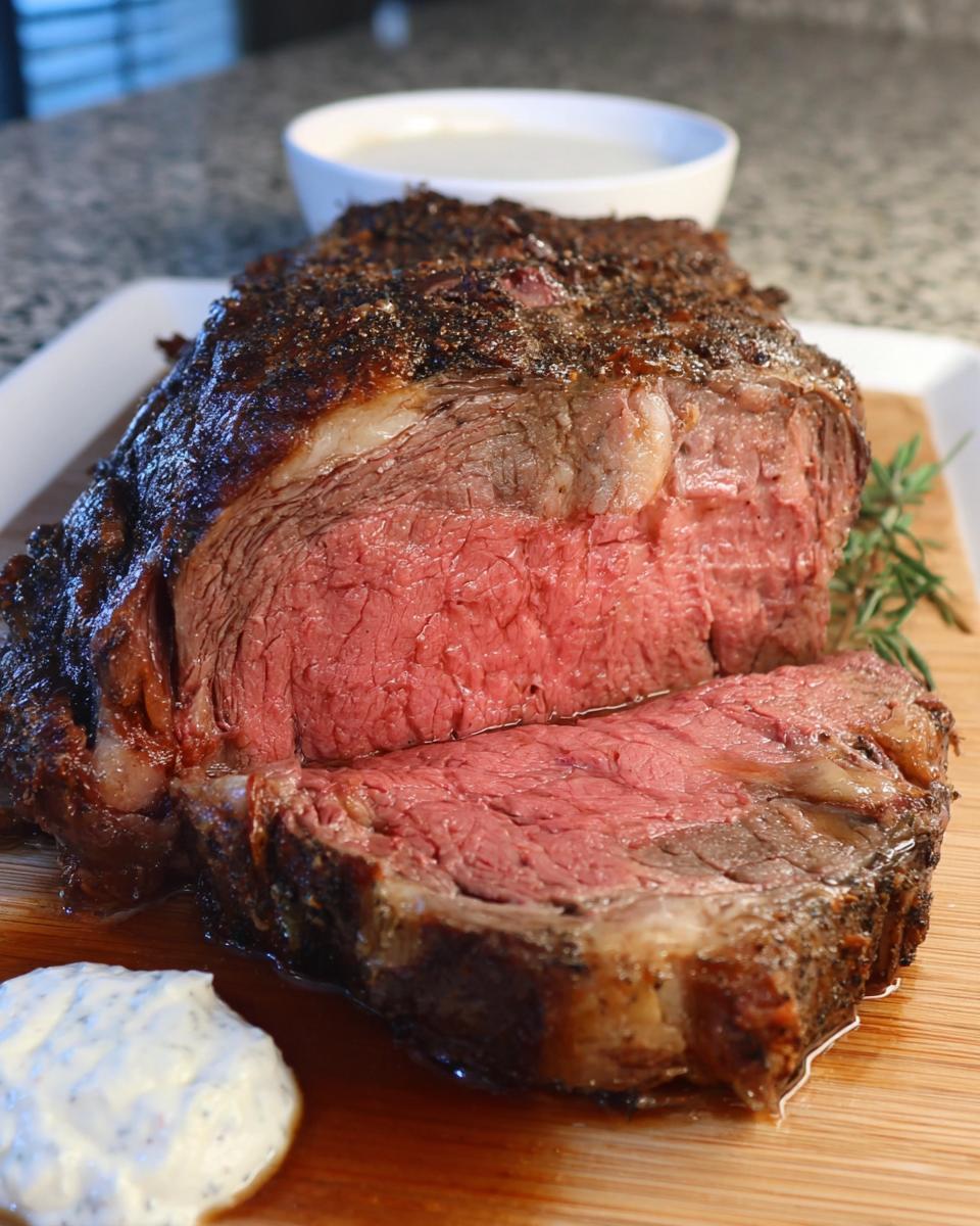 A perfectly cooked, medium-rare prime rib roast sliced open on a cutting board, showing the pink center.