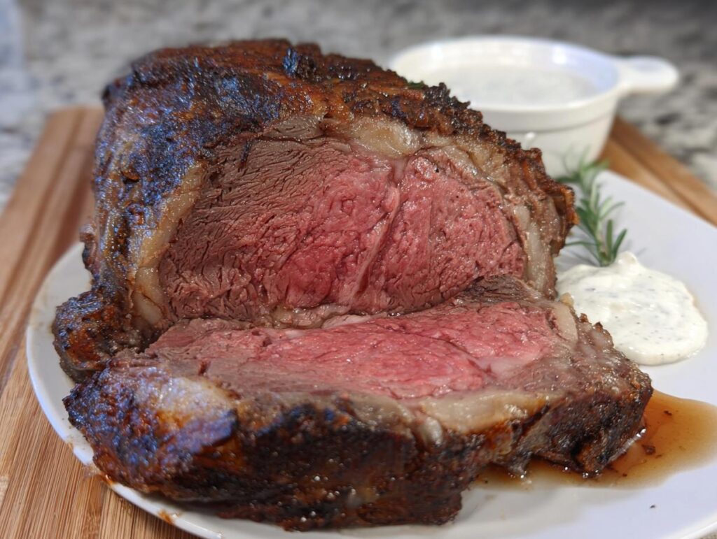 A large, perfectly cooked prime rib roast sliced open, showing a medium-rare center, served with horseradish sauce.