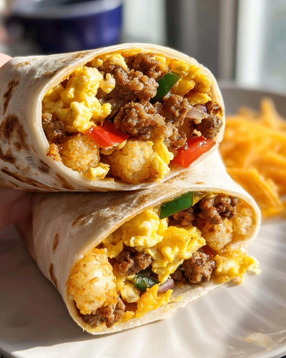 Two halves of a Protein-Packed Breakfast Burrito cut open, revealing scrambled eggs, sausage, tater tots, and peppers.
