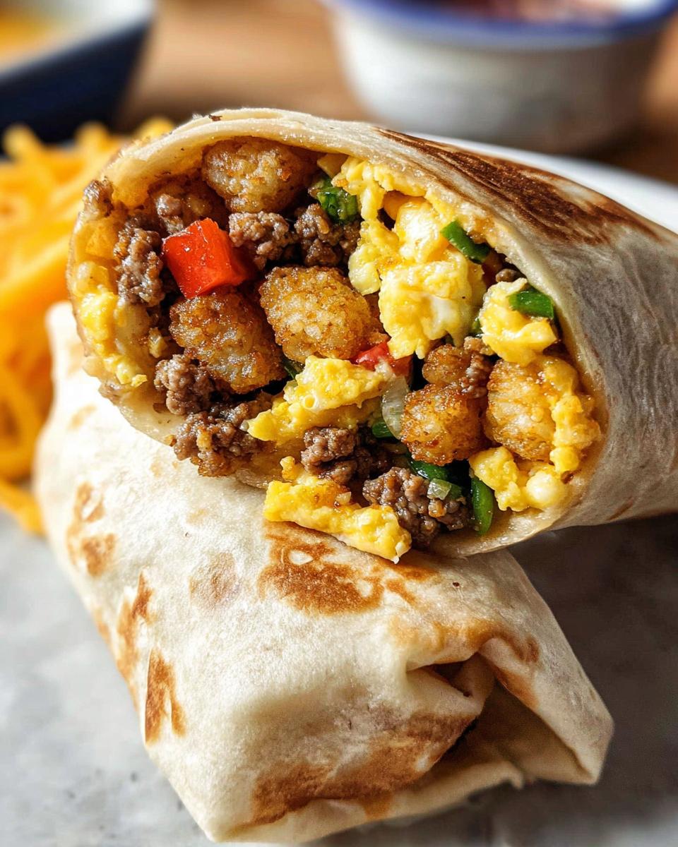 Cross-section view of two Protein-Packed Breakfast Burritos showing scrambled eggs, ground meat, and tater tots.