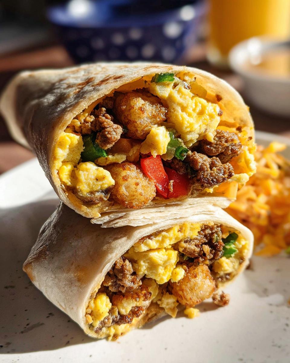 Two halves of a Protein-Packed Breakfast Burrito stacked, showing scrambled eggs, sausage, and tater tots filling.