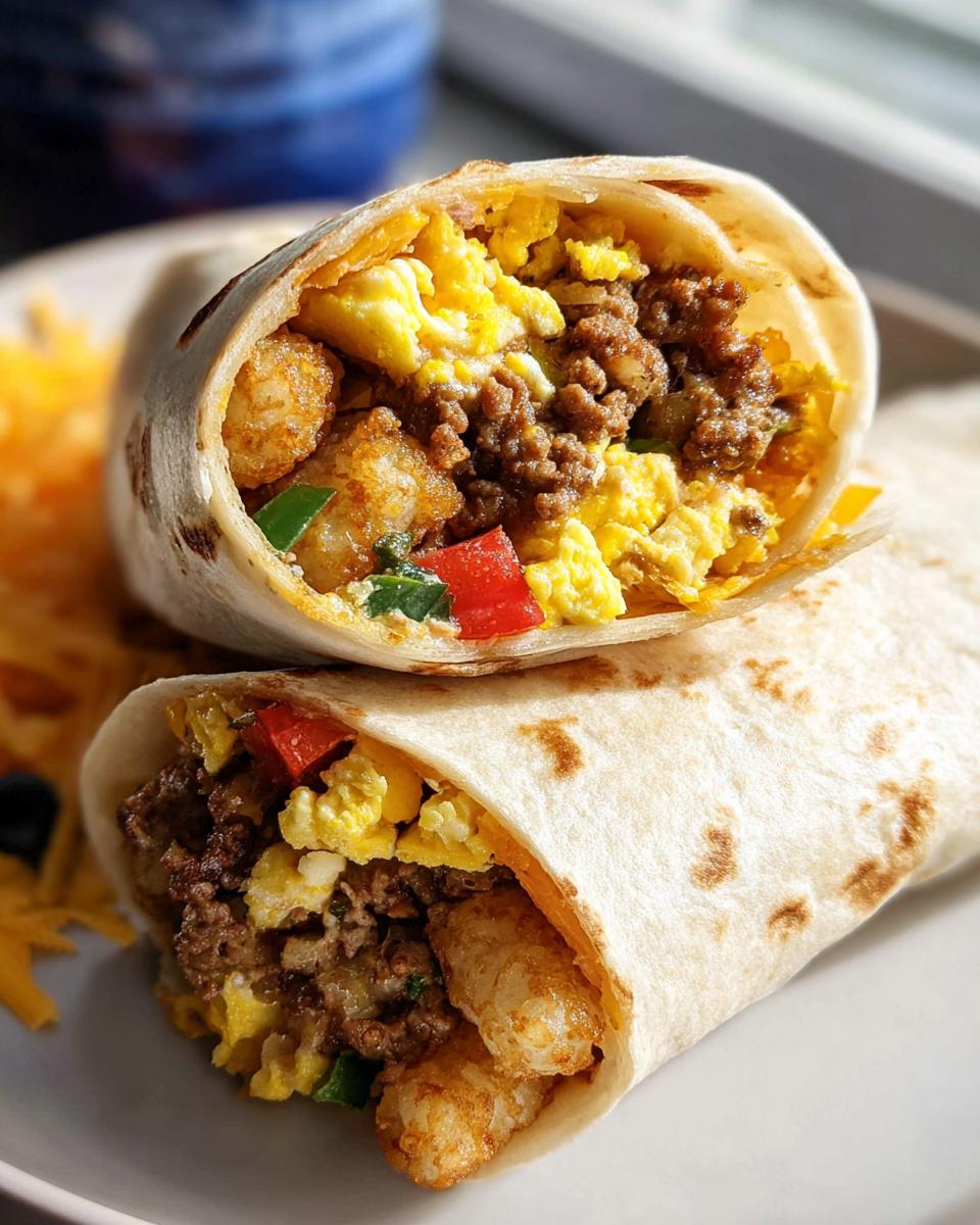Close-up of two halves of a Protein-Packed Breakfast Burrito showing scrambled eggs, ground meat, tater tots, and peppers.