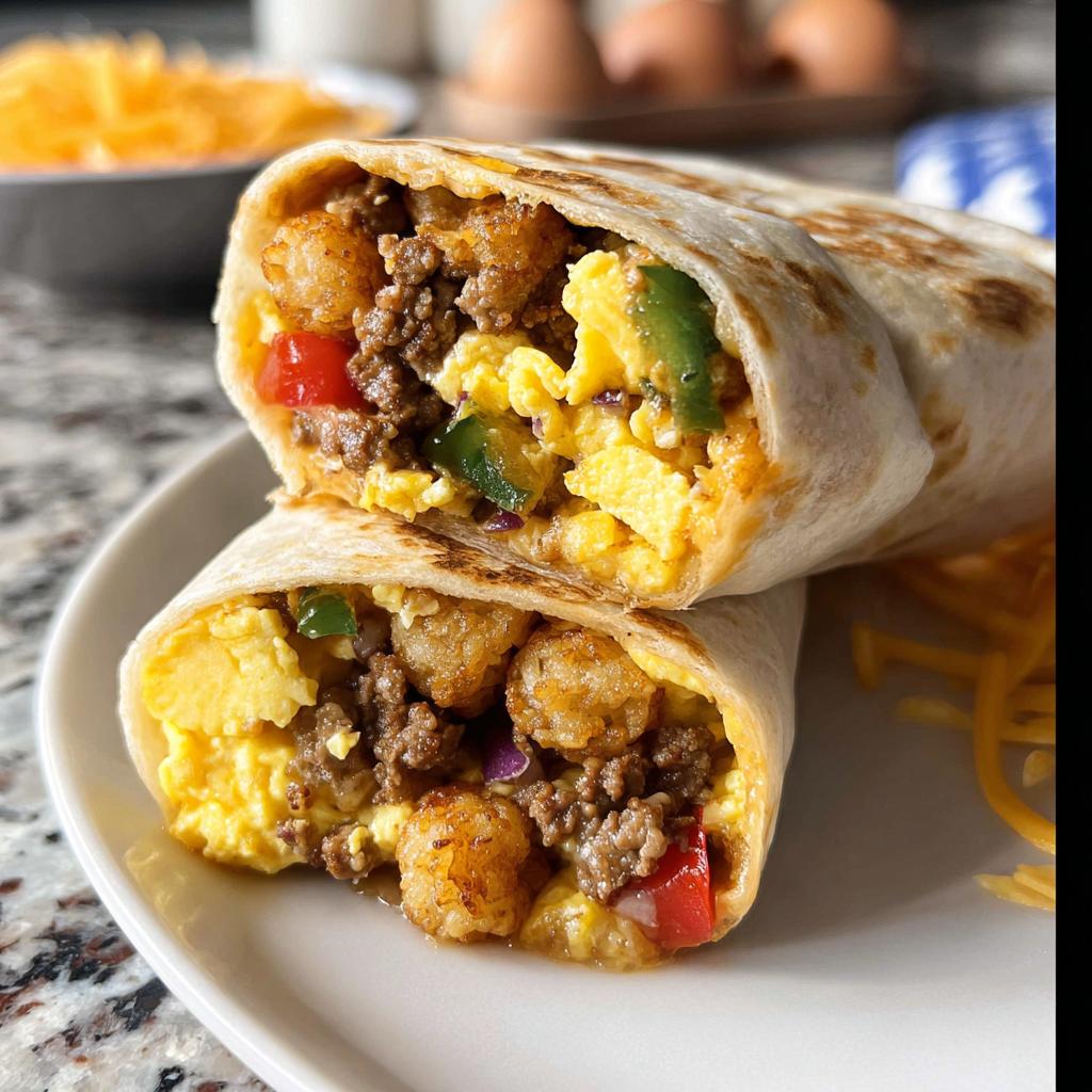 Close-up of two halves of a Protein-Packed Breakfast Burrito showing scrambled eggs, ground meat, tater tots, and peppers.