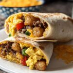 Two halves of a Protein-Packed Breakfast Burrito showing scrambled eggs, sausage, tater tots, and peppers inside a tortilla.