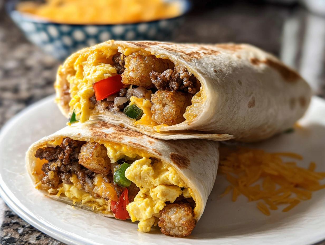 Two halves of a Protein-Packed Breakfast Burrito showing scrambled eggs, sausage, tater tots, and peppers inside a tortilla.
