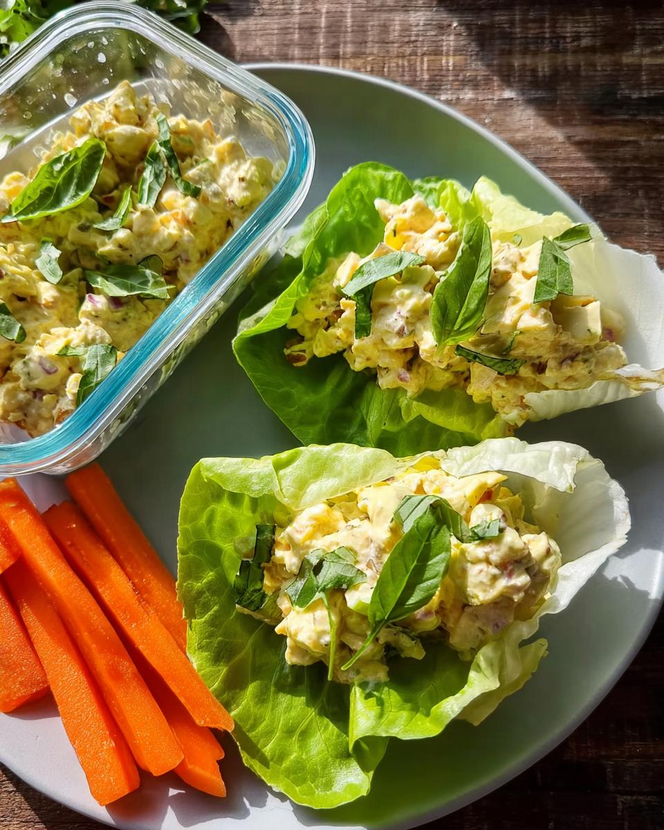 Delicious chicken salad filling two lettuce cups, served with carrot sticks, perfect for protein-packed lunch boxes.