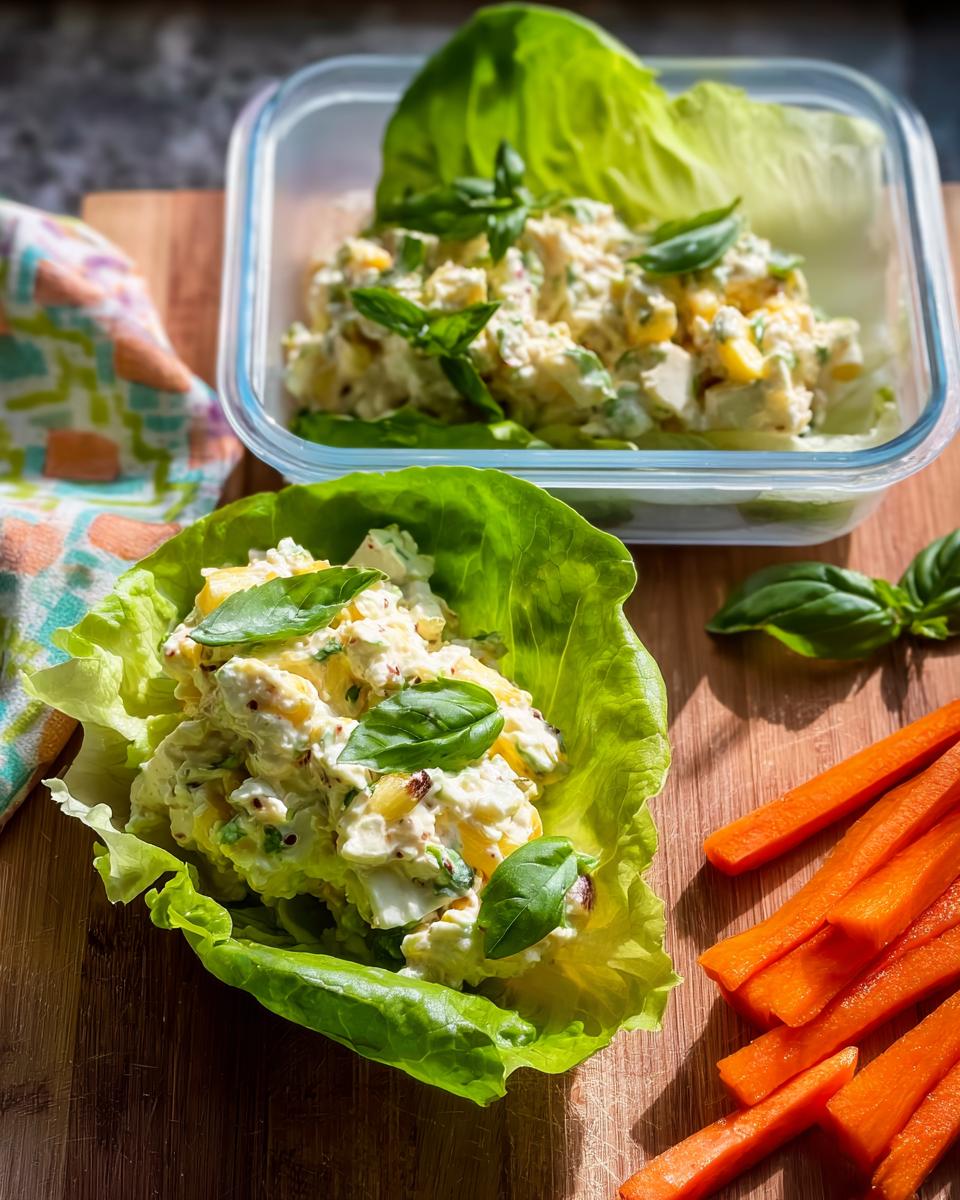 A close-up of a protein-packed lunch box salad served in lettuce cups with carrot sticks.