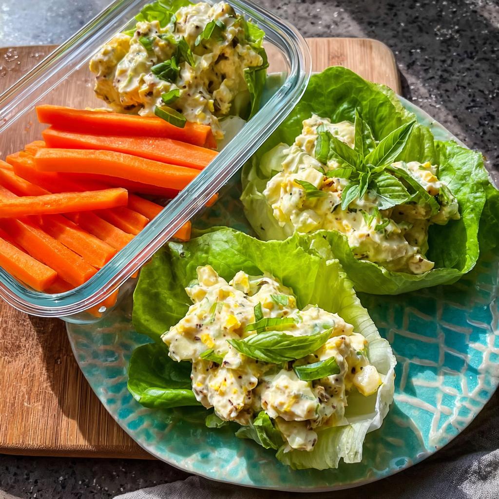 Delicious chicken salad filling served in crisp lettuce cups, with carrot sticks in a glass container, perfect for Protein-Packed Lunch Boxes.
