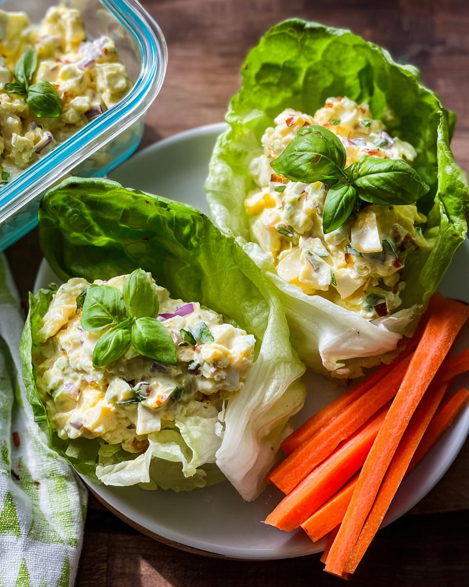 Two lettuce cups filled with egg salad, garnished with basil, served with carrot sticks, part of a Protein-Packed Lunch Boxes meal.