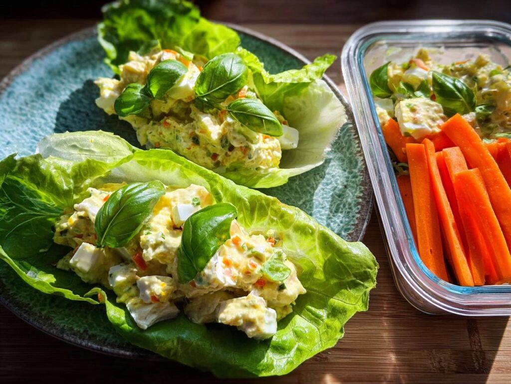 Two lettuce cups filled with creamy egg salad, topped with fresh basil, served alongside carrot sticks in a lunch box, perfect for Protein-Packed Lunch Boxes.