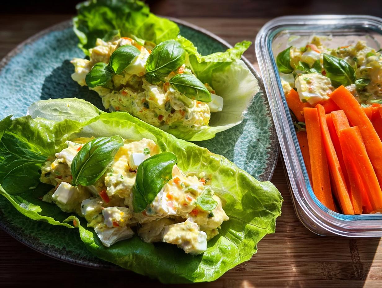 Two lettuce cups filled with creamy egg salad, topped with fresh basil, served alongside carrot sticks in a lunch box, perfect for Protein-Packed Lunch Boxes.